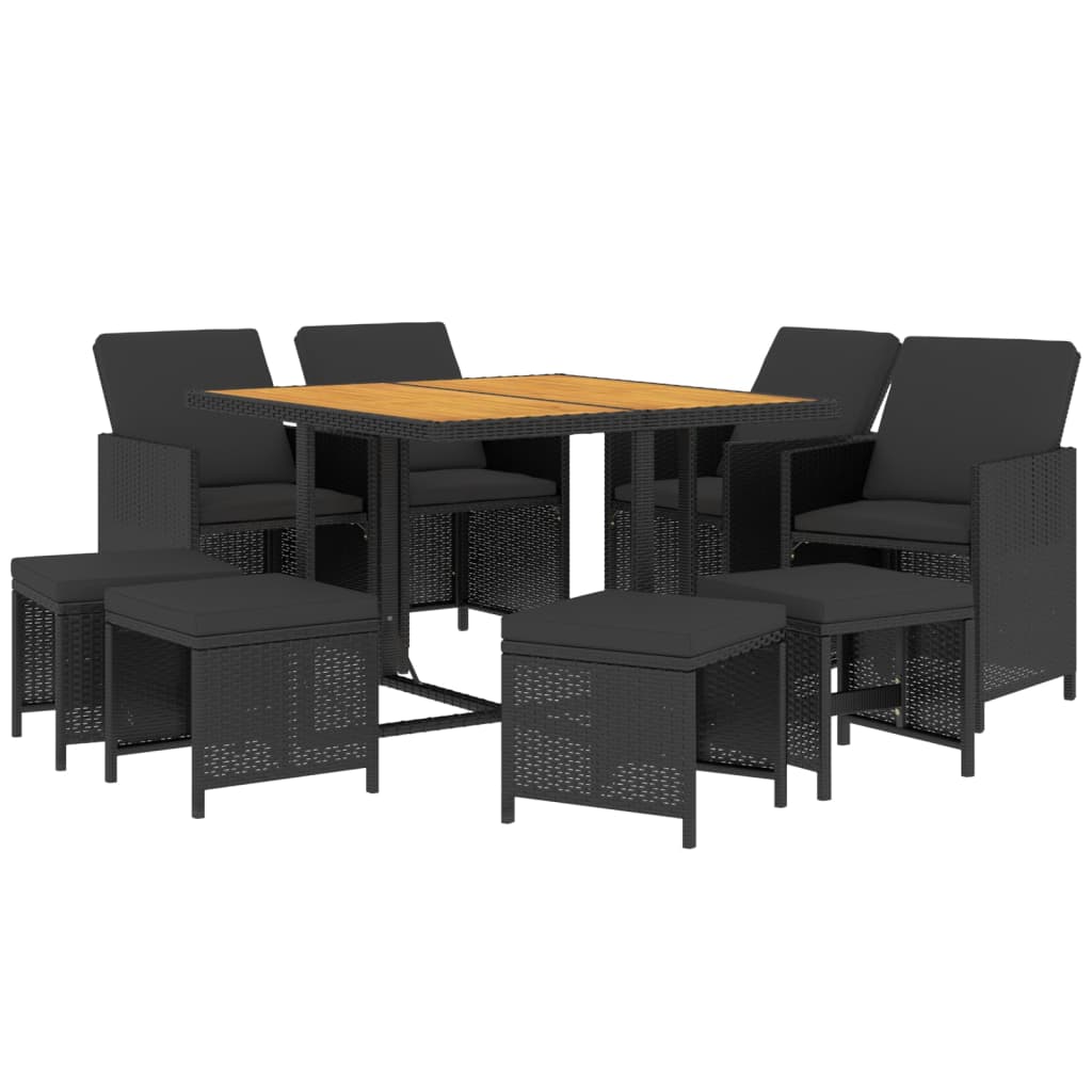 9 Piece Garden Dining Set with Cushions Poly Rattan Black