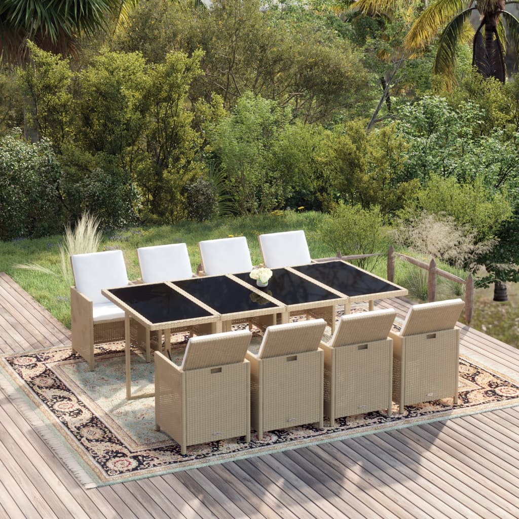 9 Piece Garden Dining Set with Cushions Poly Rattan Beige
