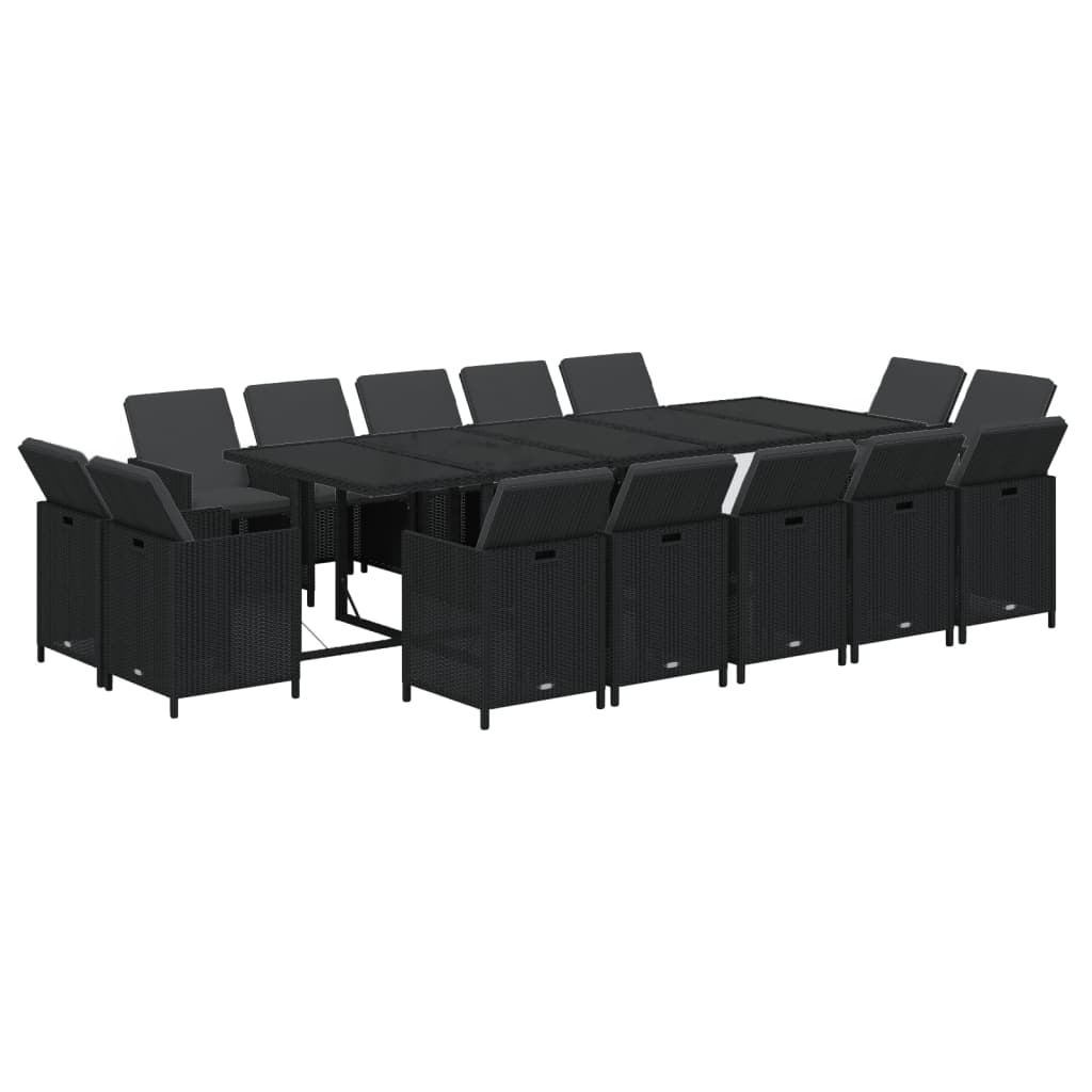 15 Piece Garden Dining Set with Cushions Poly Rattan Black