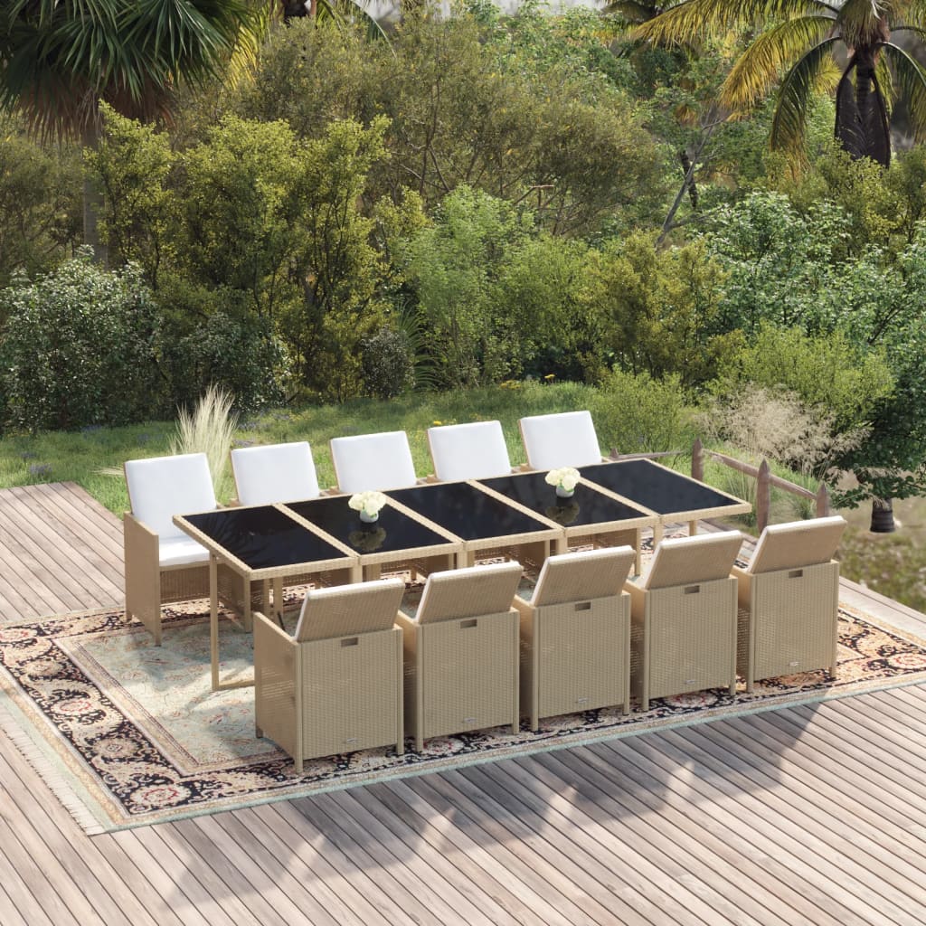 11 Piece Garden Dining Set with Cushions Poly Rattan Beige