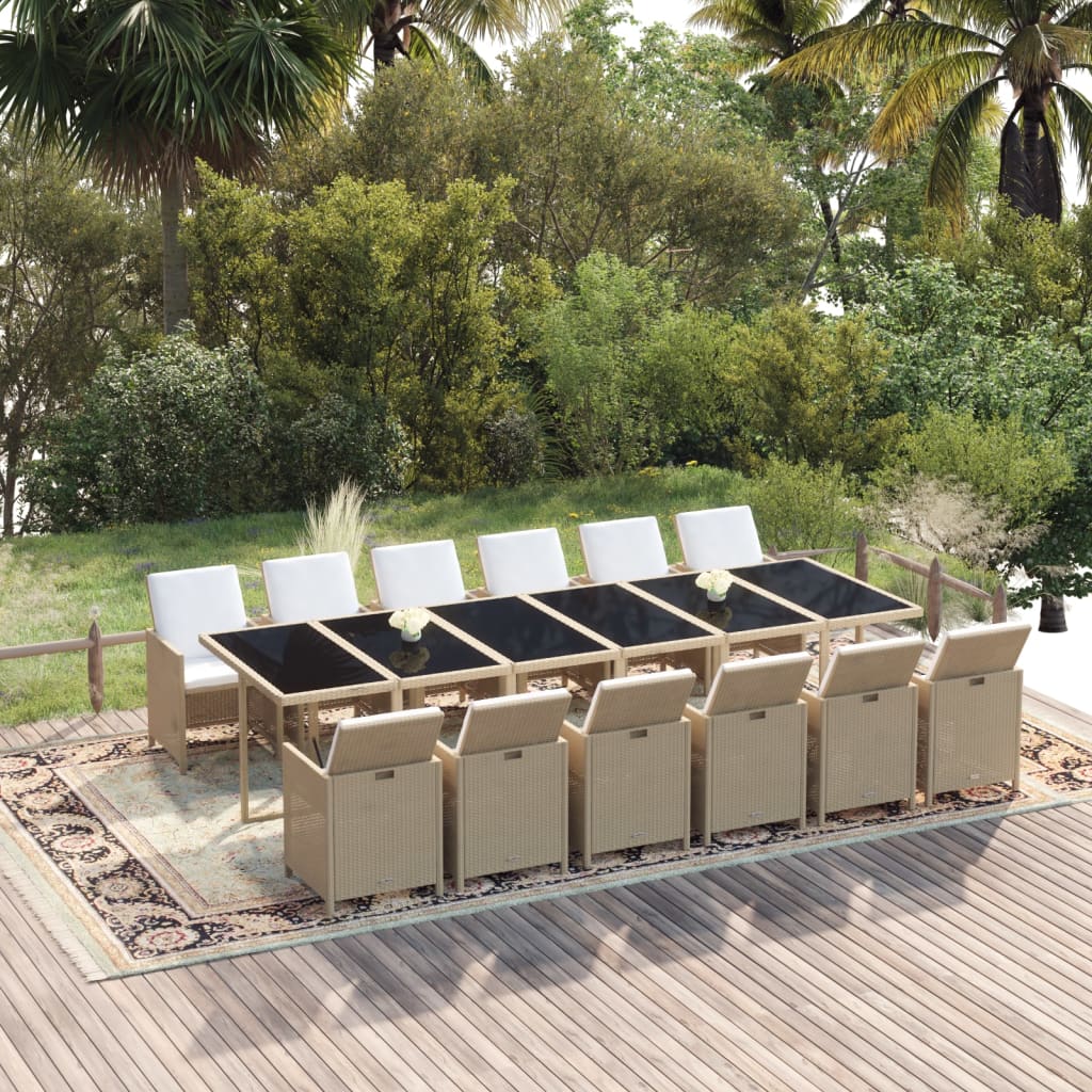 13 Piece Garden Dining Set with Cushions Poly Rattan Beige