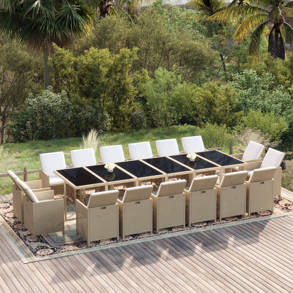 17 Piece Garden Dining Set with Cushions Poly Rattan Beige
