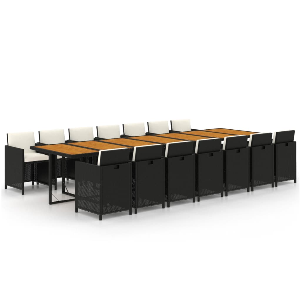 15 Piece Garden Dining Set with Cushions Black Poly Rattan