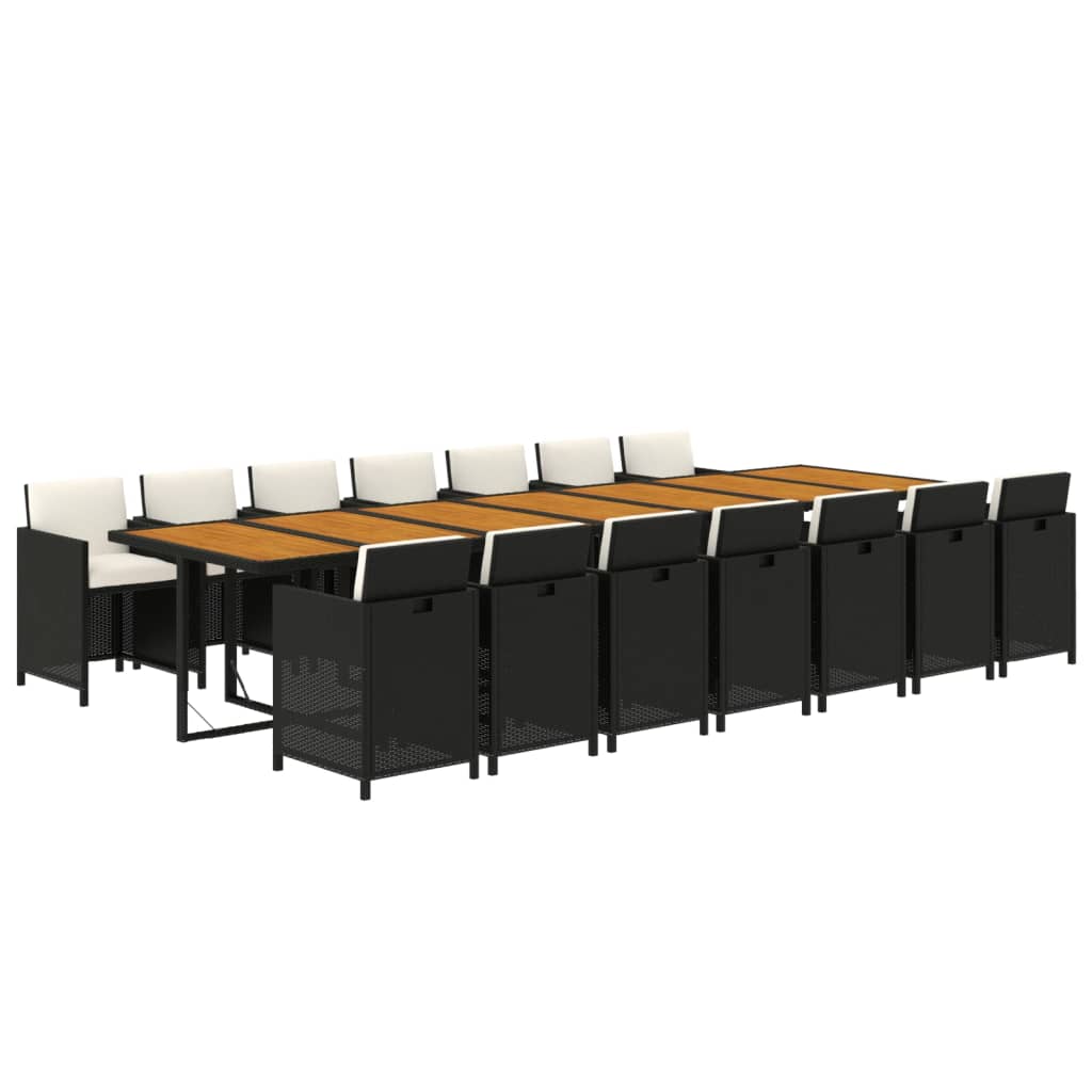 15 Piece Garden Dining Set with Cushions Black Poly Rattan