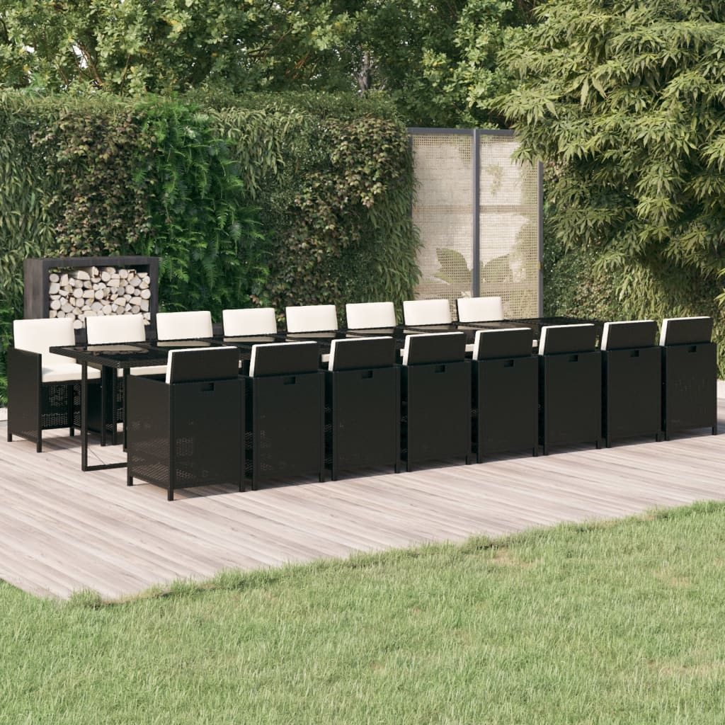 17 Piece Garden Dining Set with Cushions Black Poly Rattan
