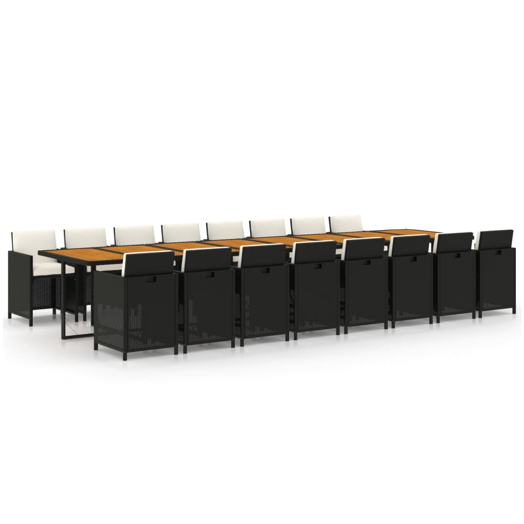 17 Piece Garden Dining Set with Cushions Black Poly Rattan