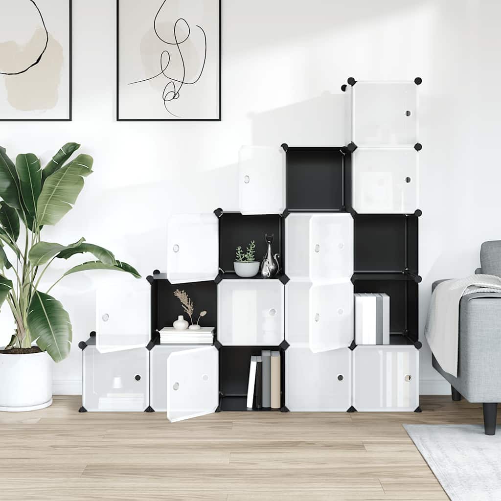 Storage Cube Organiser with 15 Cubes and Doors Black PP
