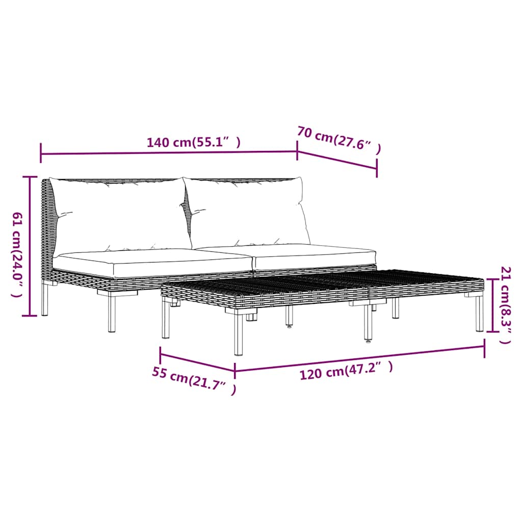 3 Piece Garden Lounge Set Dark Grey Half Round Poly Rattan
