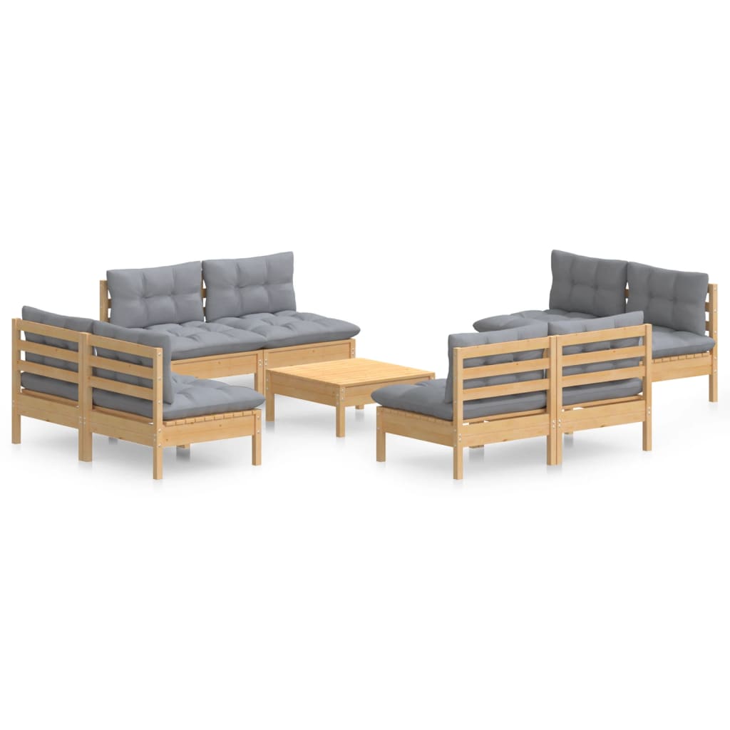 9 Piece Garden Lounge Set with Grey Cushions Pinewood