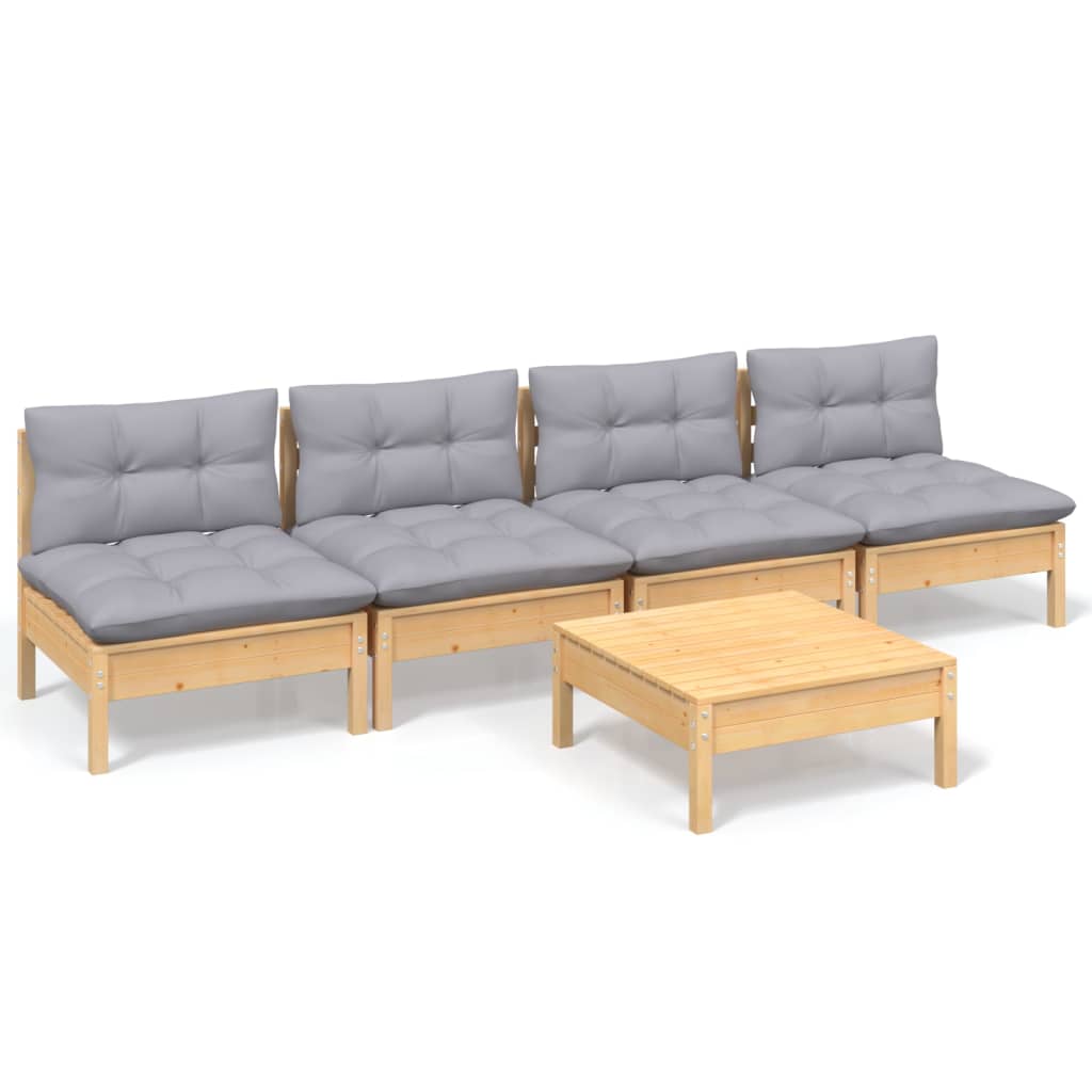 5 Piece Garden Lounge Set with Grey Cushions Pinewood