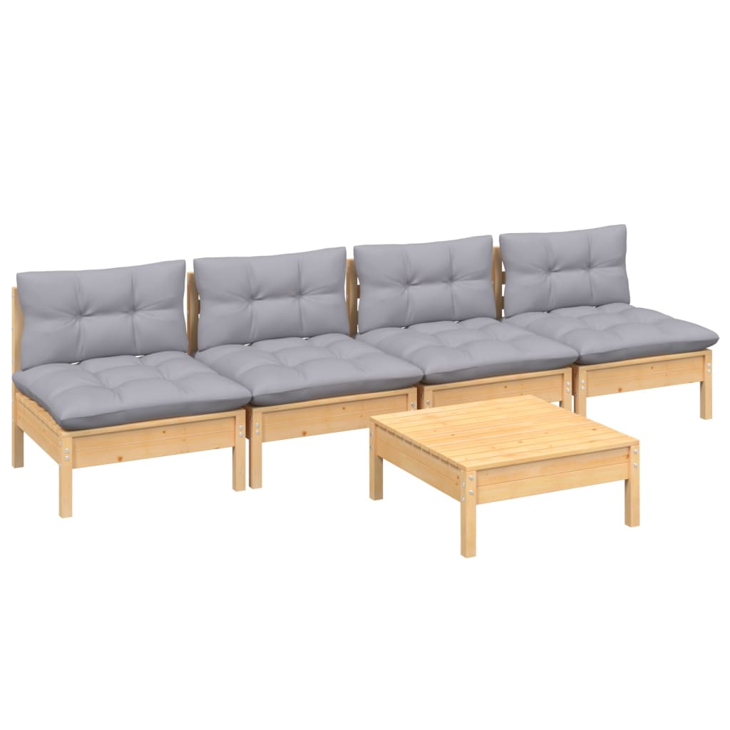 5 Piece Garden Lounge Set with Grey Cushions Pinewood