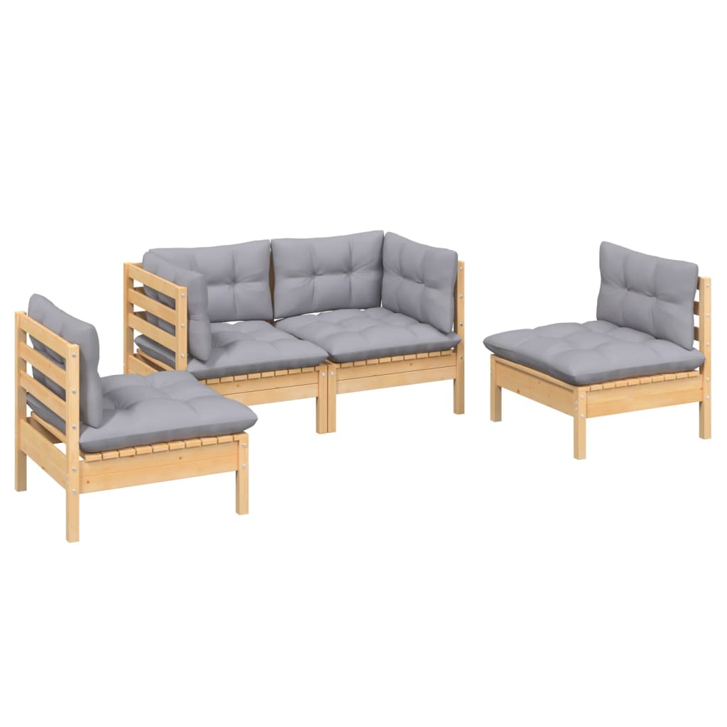 4 Piece Garden Lounge Set with Grey Cushions Solid Pinewood