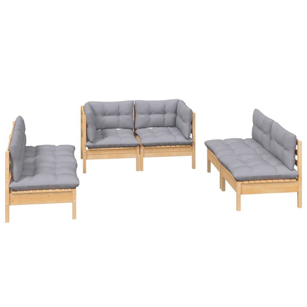 6 Piece Garden Lounge Set with Grey Cushions Solid Pinewood