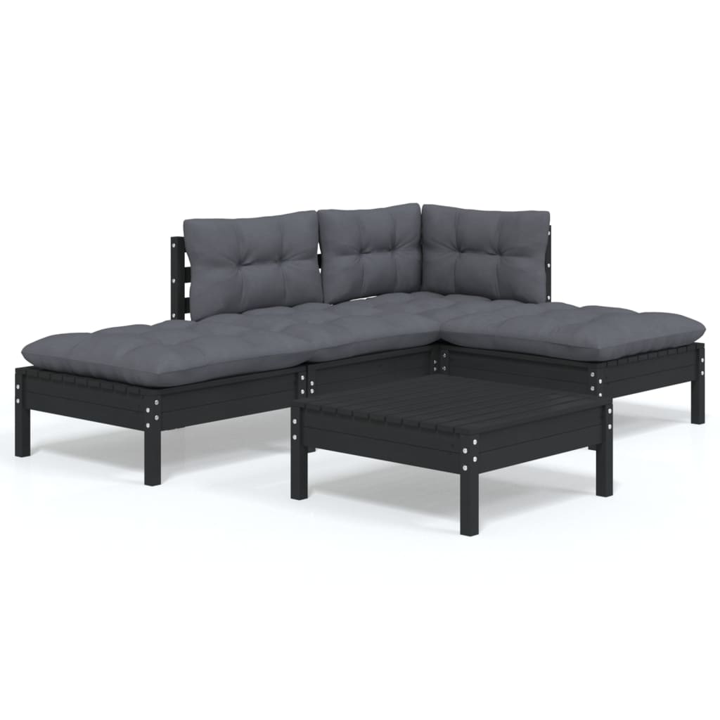 5 Piece Garden Lounge Set with Cushions Black Pinewood