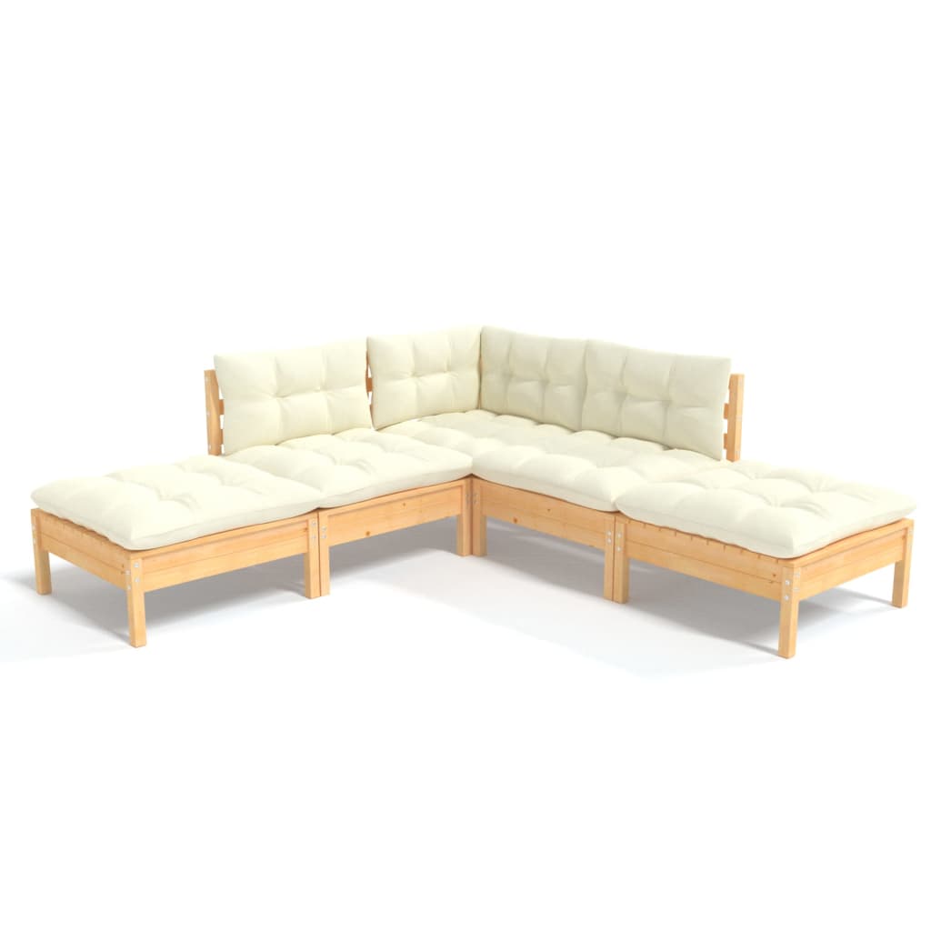 5 Piece Garden Lounge Set with Cream Cushions Pinewood