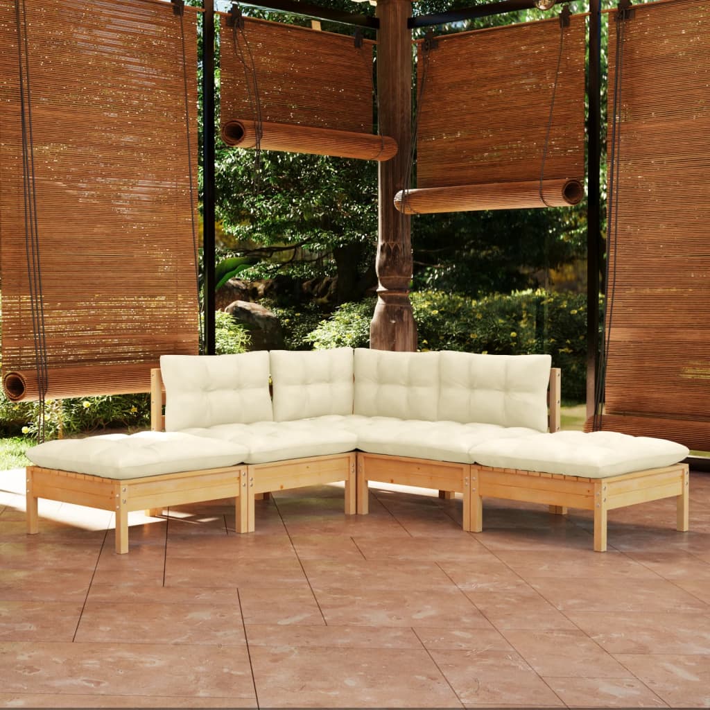 5 Piece Garden Lounge Set with Cream Cushions Pinewood
