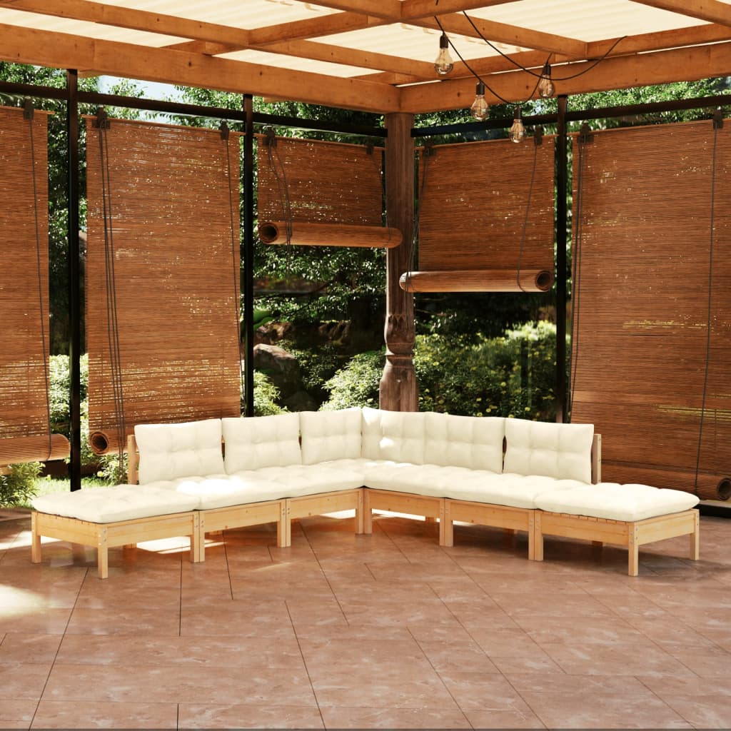 7 Piece Garden Lounge Set with Cream Cushions Pinewood