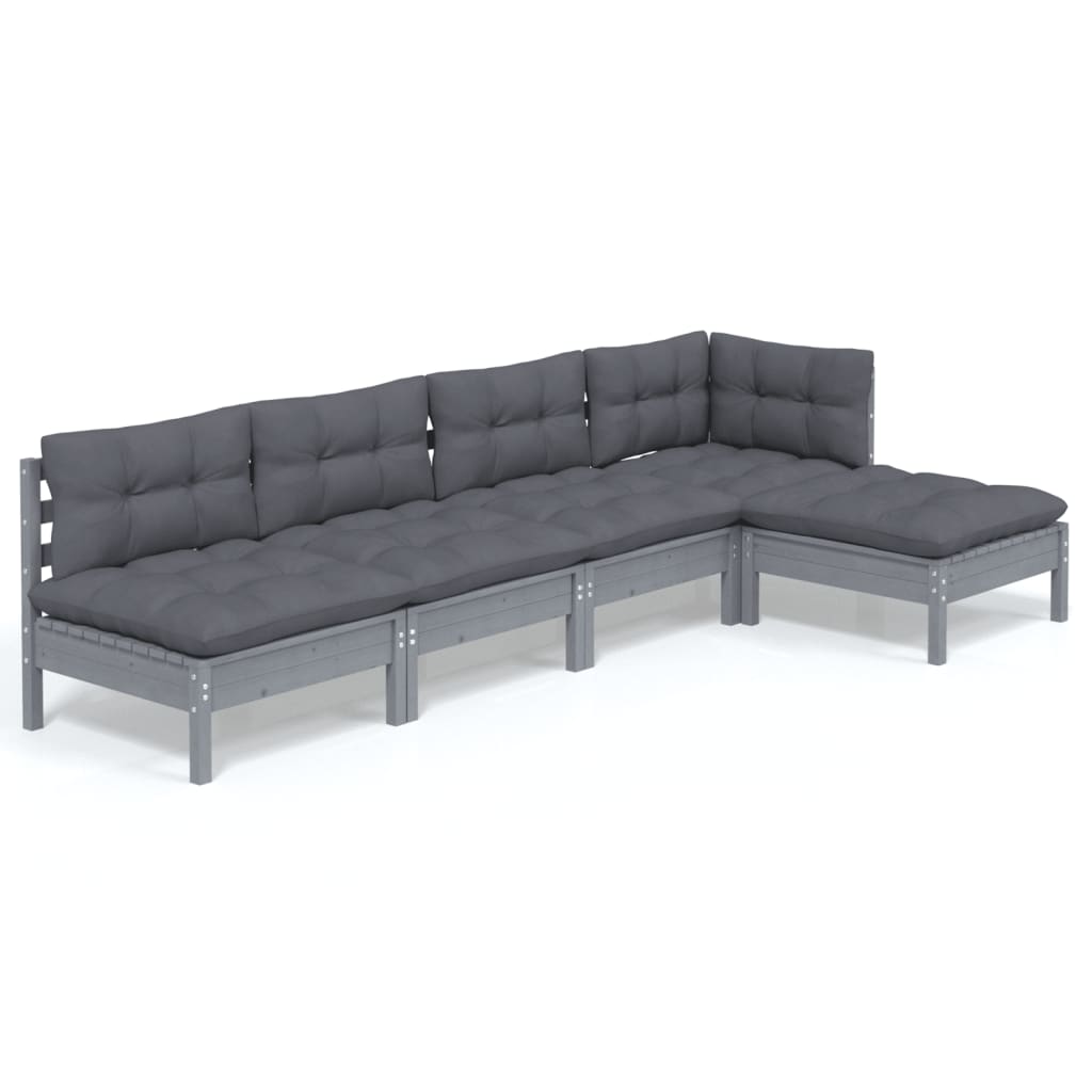 5 Piece Garden Lounge Set with Cushions Grey Pinewood