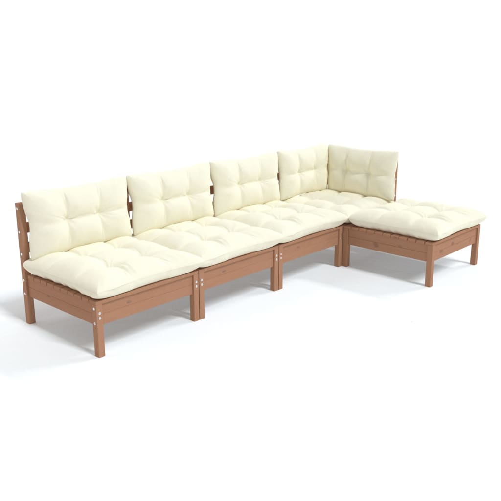 5 Piece Garden Lounge Set with Cushions Honey Brown Pinewood