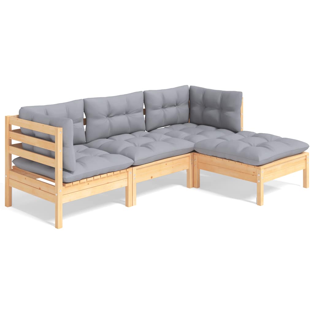 4 Piece Garden Lounge Set with Grey Cushions Pinewood