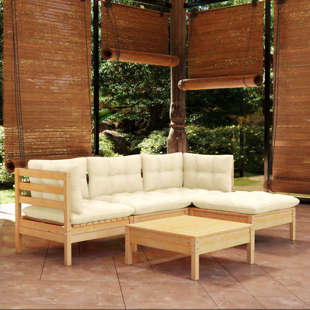 5 Piece Garden Lounge Set with Cream Cushions Pinewood