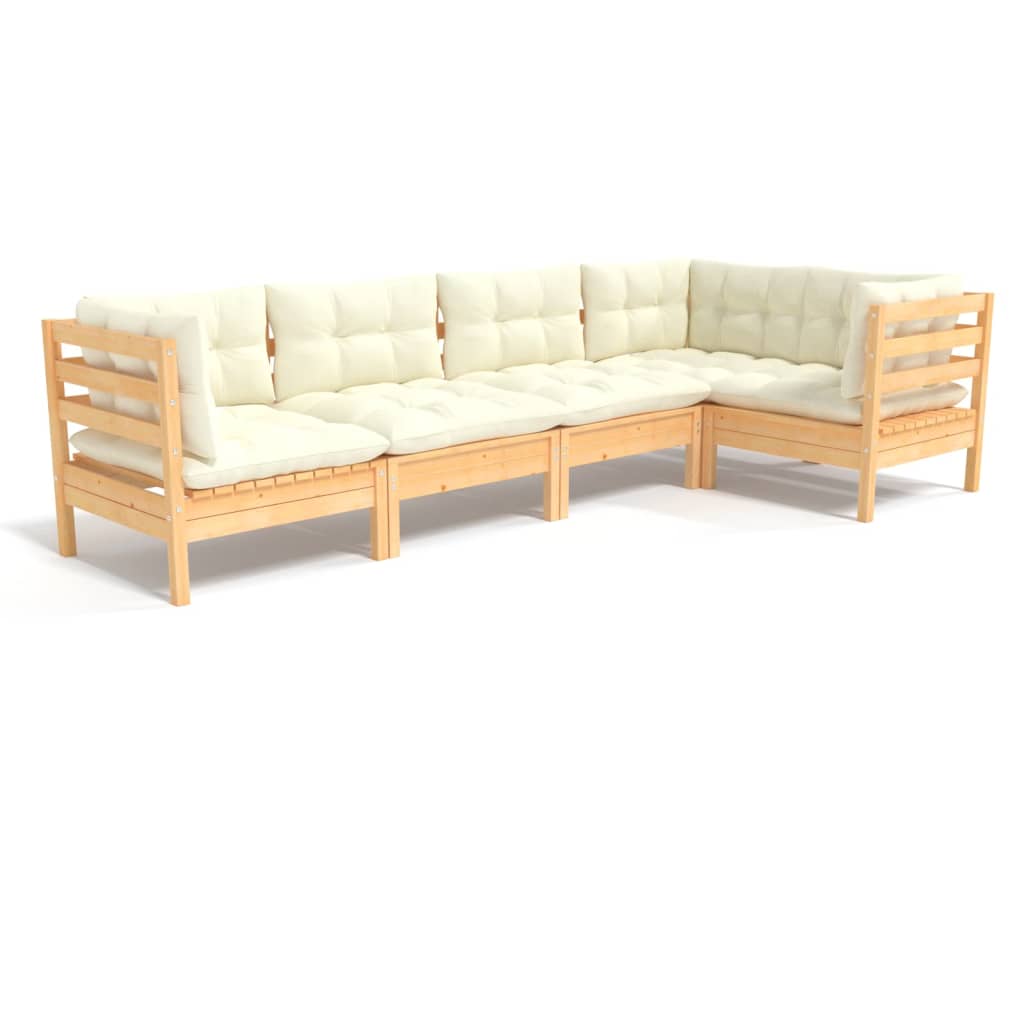 5 Piece Garden Lounge Set with Cream Cushions Pinewood
