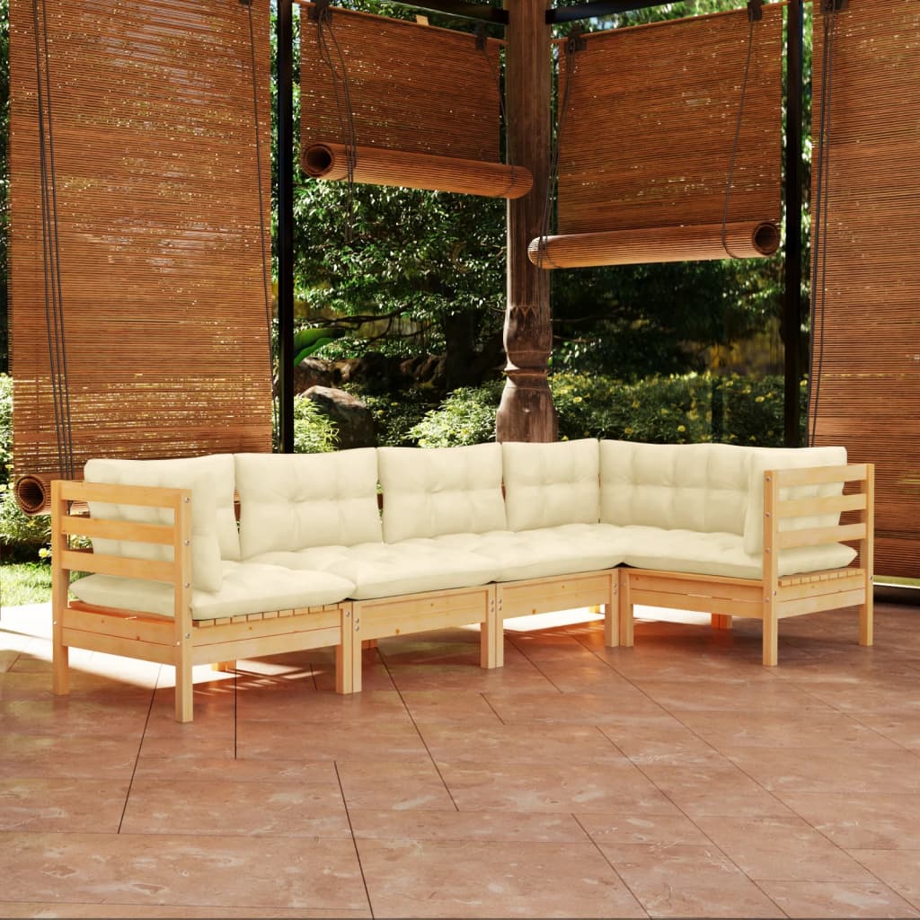 5 Piece Garden Lounge Set with Cream Cushions Pinewood