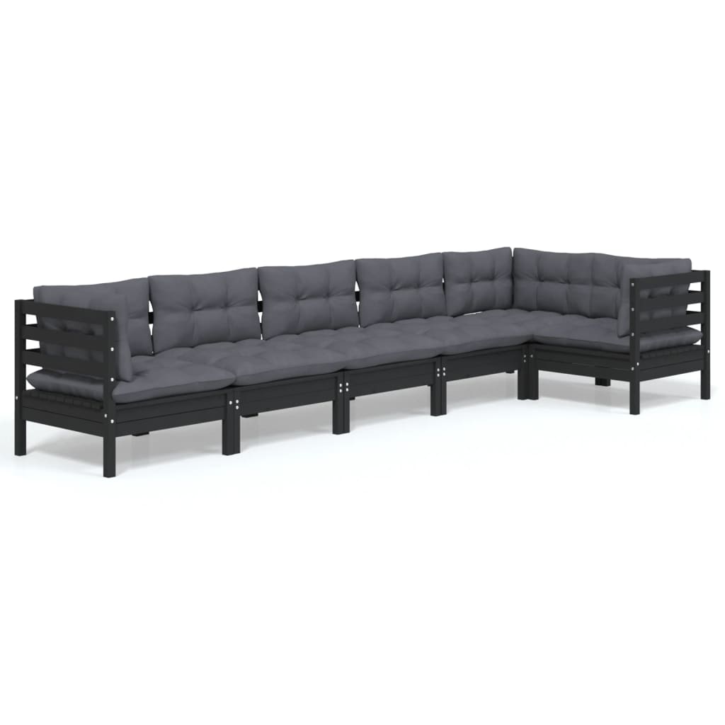 6 Piece Garden Lounge Set with Cushions Black Pinewood