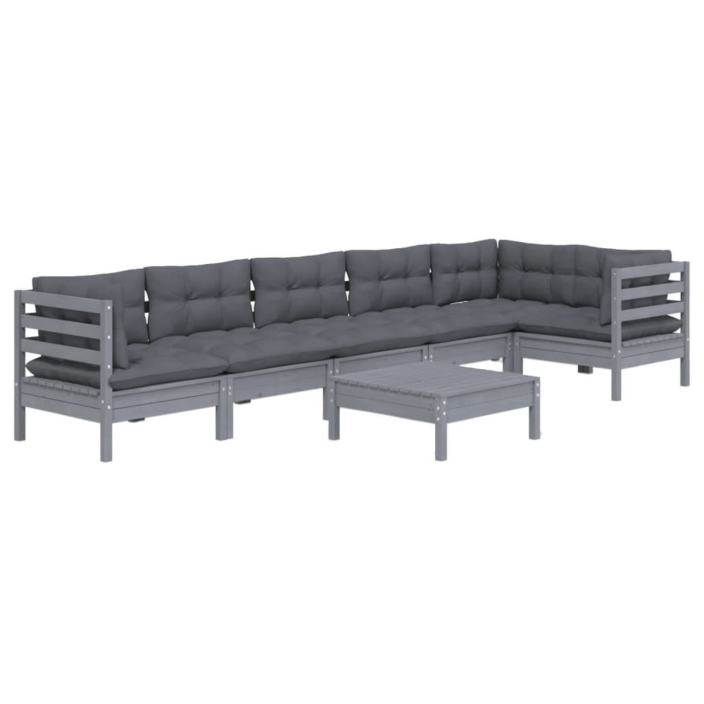 7 Piece Garden Lounge Set with Cushions Grey Pinewood