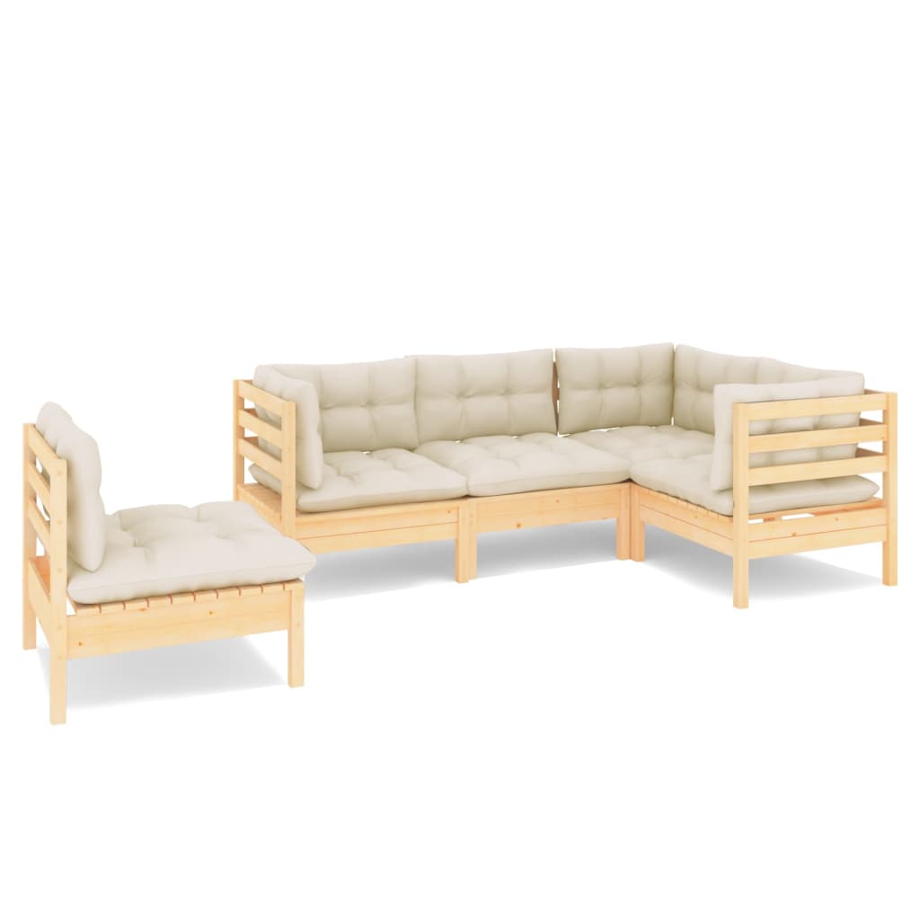 5 Piece Garden Lounge Set with Cream Cushions Pinewood
