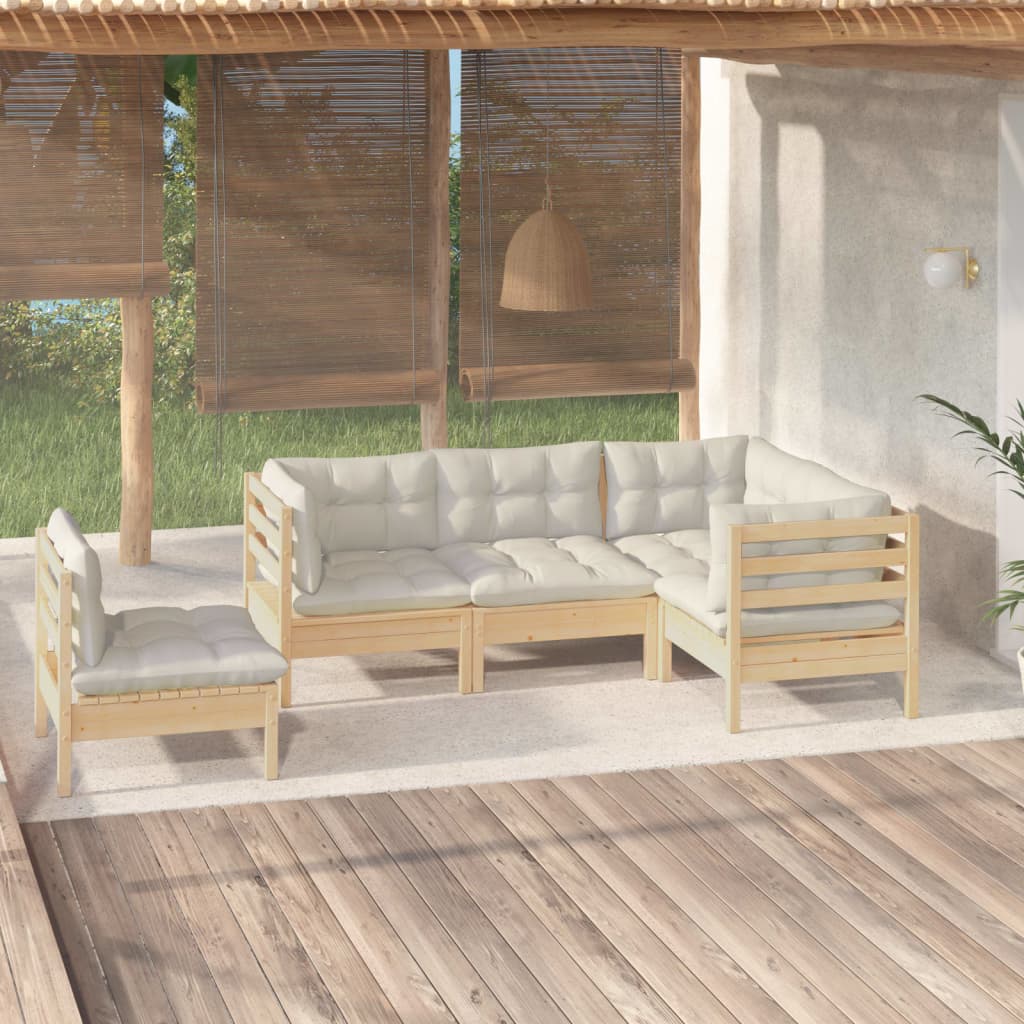 5 Piece Garden Lounge Set with Cream Cushions Pinewood