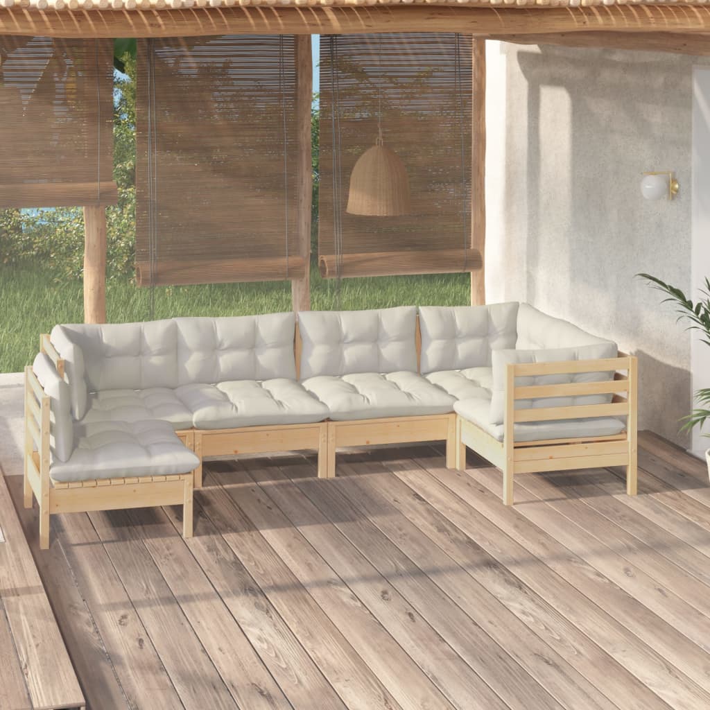 6 Piece Garden Lounge Set with Cream Cushions Pinewood