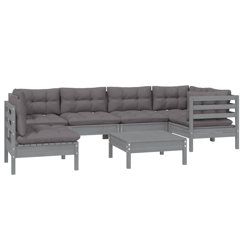 7 Piece Garden Lounge Set with Cushions Grey Pinewood