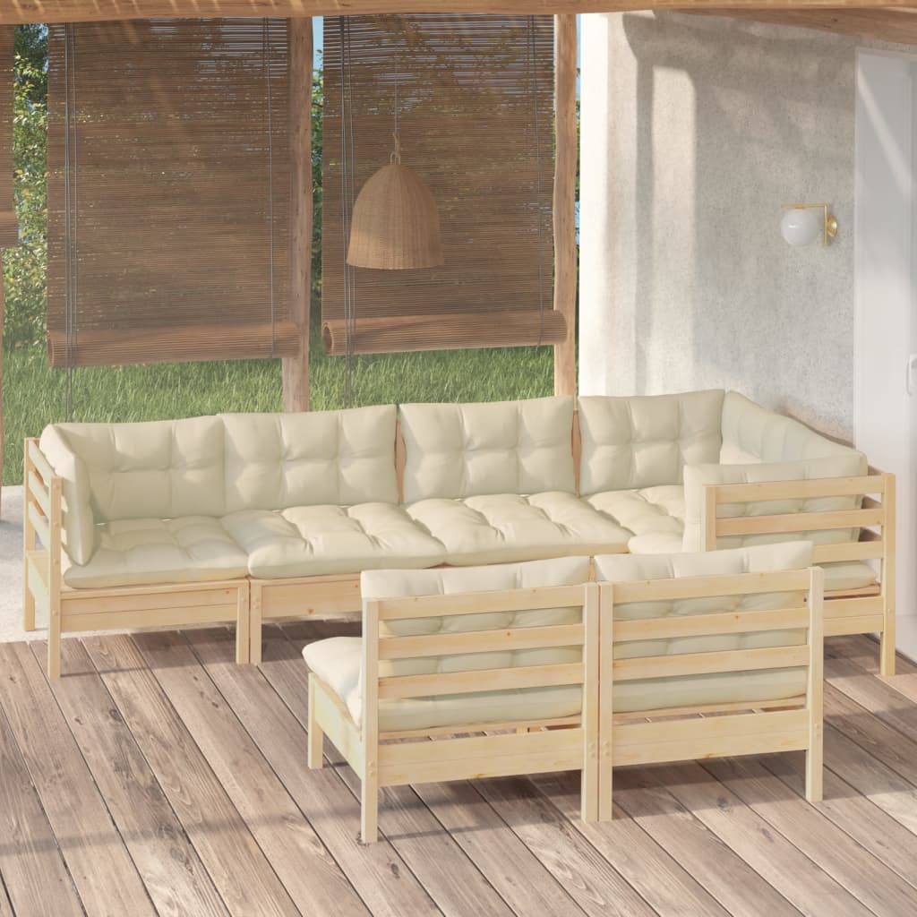 7 Piece Garden Lounge Set with Cream Cushions Solid Pinewood