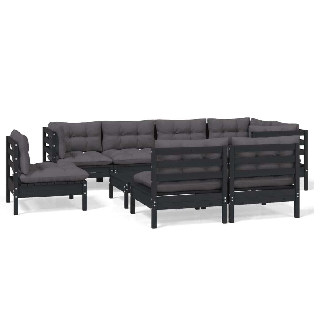 9 Piece Garden Lounge Set with Cushions Black Solid Pinewood