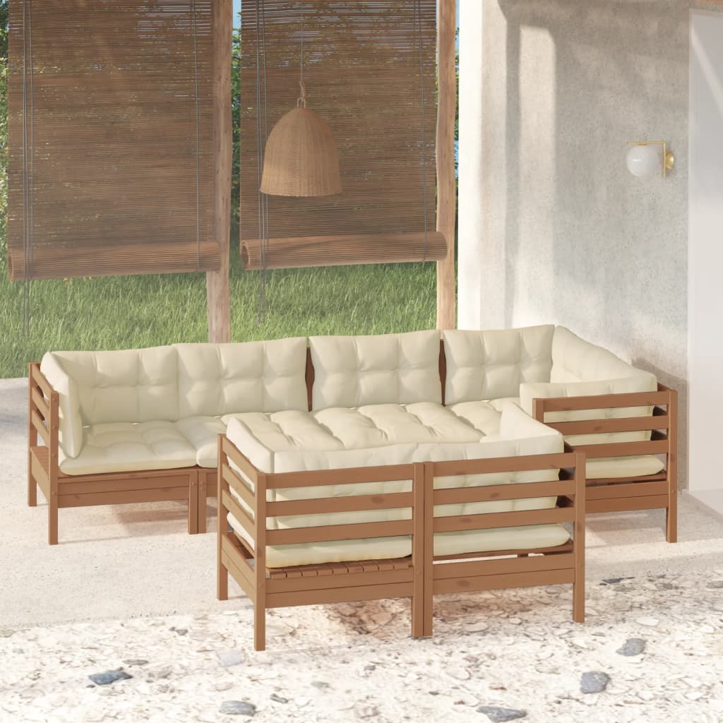 7 Piece Garden Lounge Set with Cushions Honey Brown Pinewood