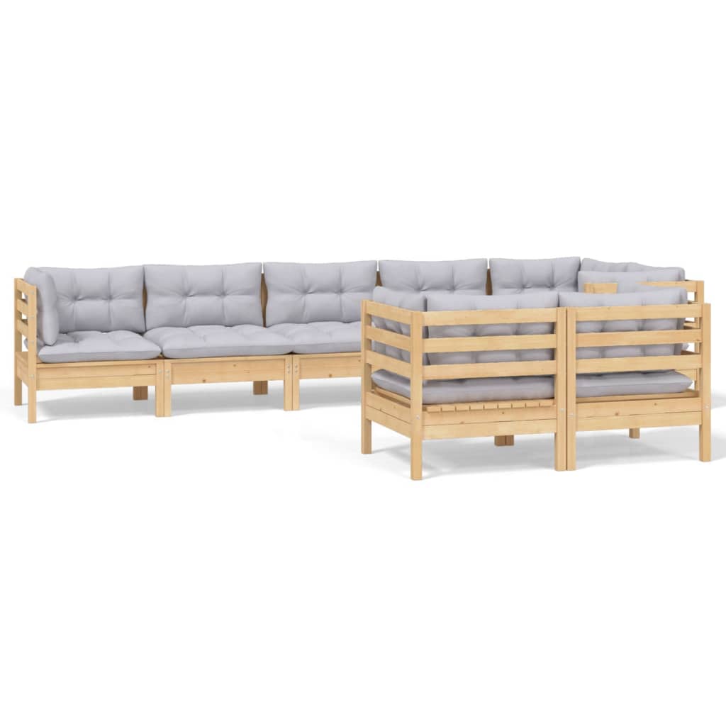 8 Piece Garden Lounge Set with Grey Cushions Solid Pinewood
