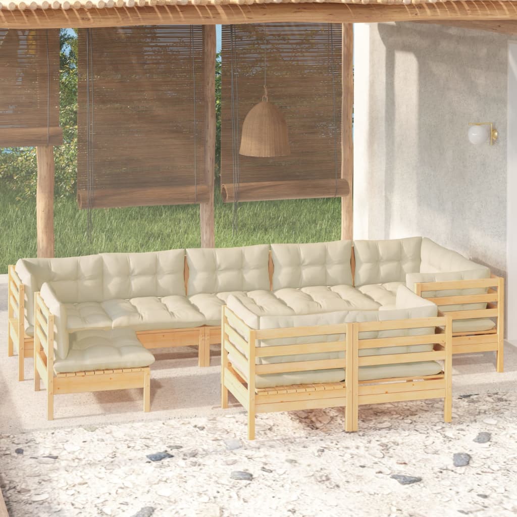 9 Piece Garden Lounge Set with Cream Cushions Solid Pinewood