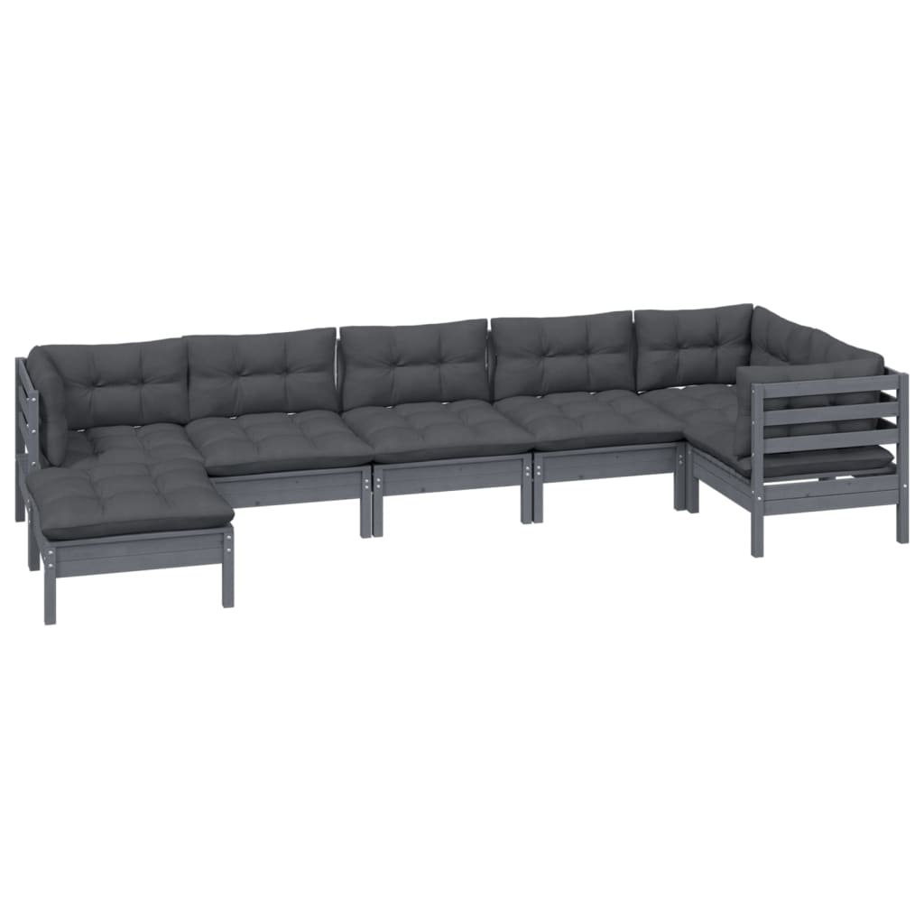 7 Piece Garden Lounge Set with Cushions Grey Solid Pinewood