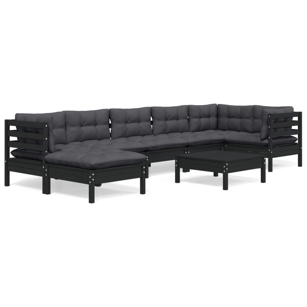 8 Piece Garden Lounge Set with Cushions Black Solid Pinewood