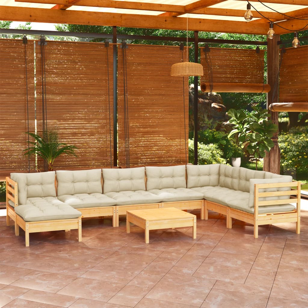 9 Piece Garden Lounge Set with Cream Cushions Solid Pinewood