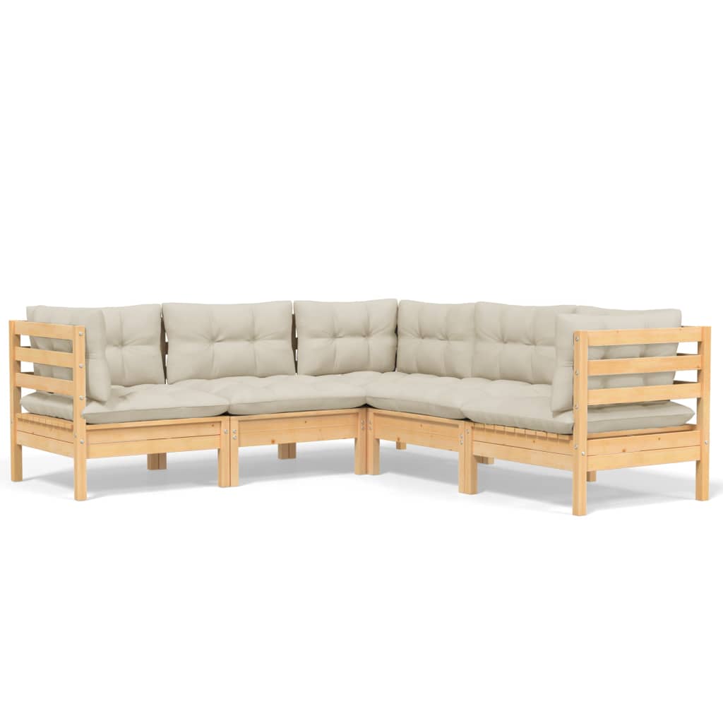 5 Piece Garden Lounge Set with Cream Cushions Solid Pinewood