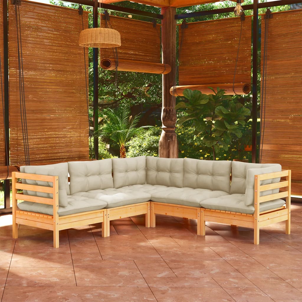 5 Piece Garden Lounge Set with Cream Cushions Solid Pinewood