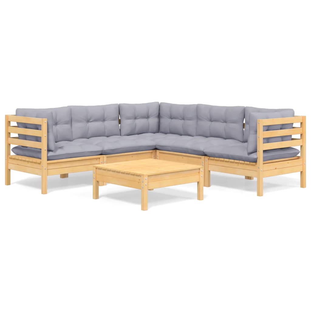 6 Piece Garden Lounge Set with Grey Cushions Solid Pinewood