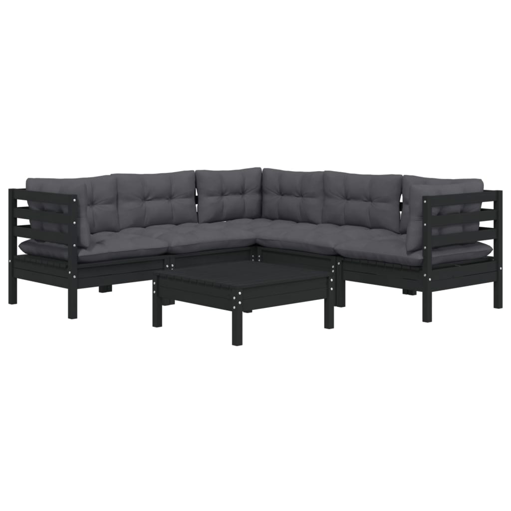 6 Piece Garden Lounge Set with Cushions Black Solid Pinewood