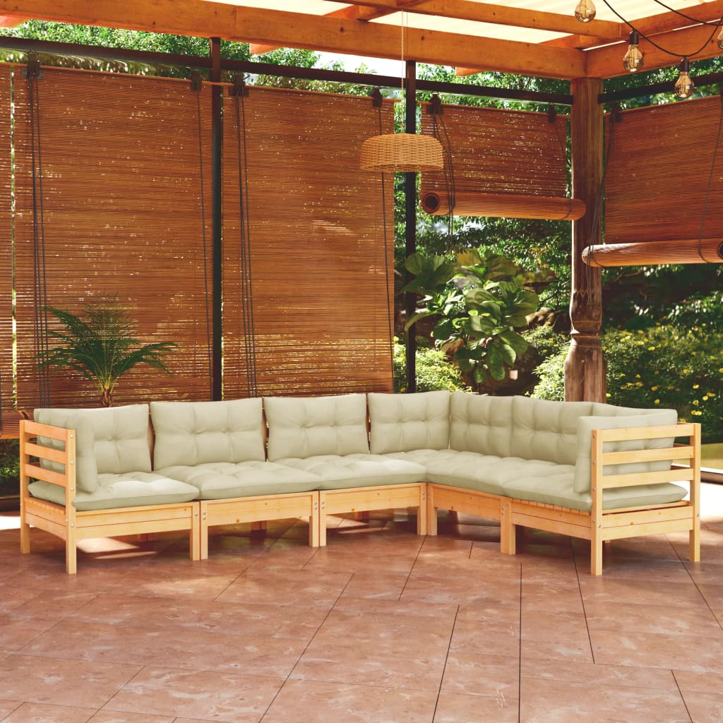 6 Piece Garden Lounge Set with Cream Cushions Solid Pinewood