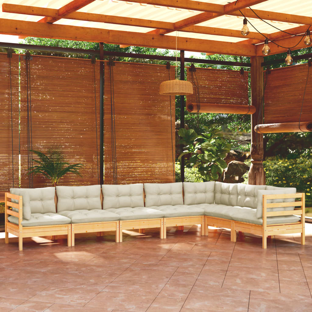 7 Piece Garden Lounge Set with Cream Cushions Solid Pinewood