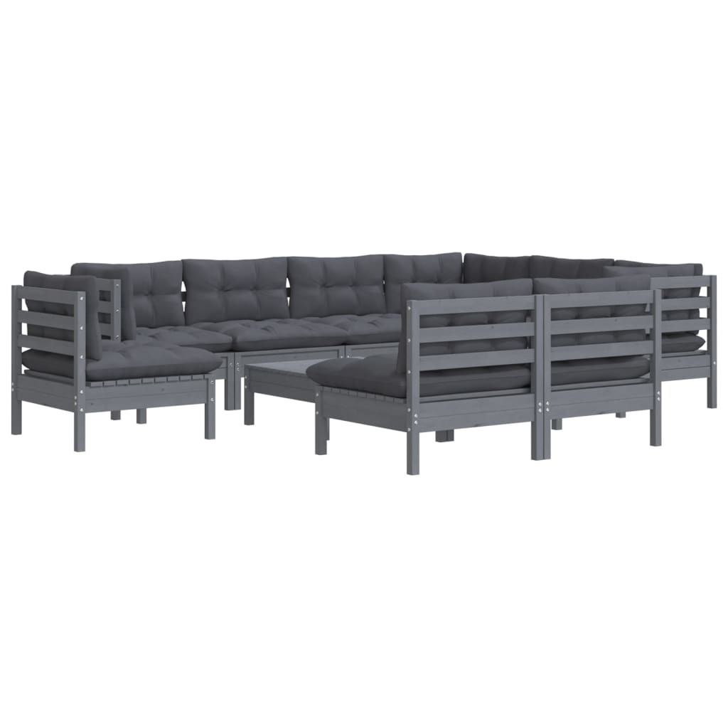 10 Piece Garden Lounge Set with Cushions Grey Solid Pinewood