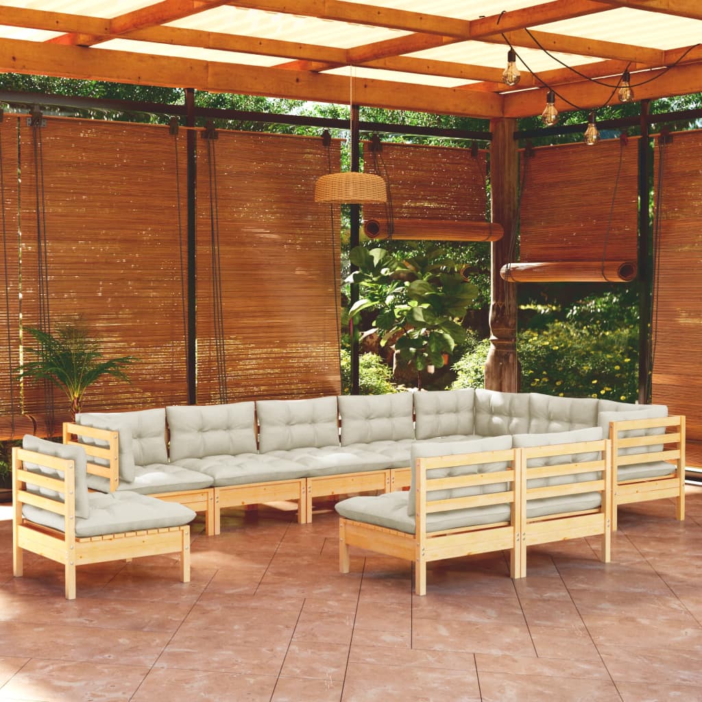 10 Piece Garden Lounge Set with Cream Cushions Solid Pinewood