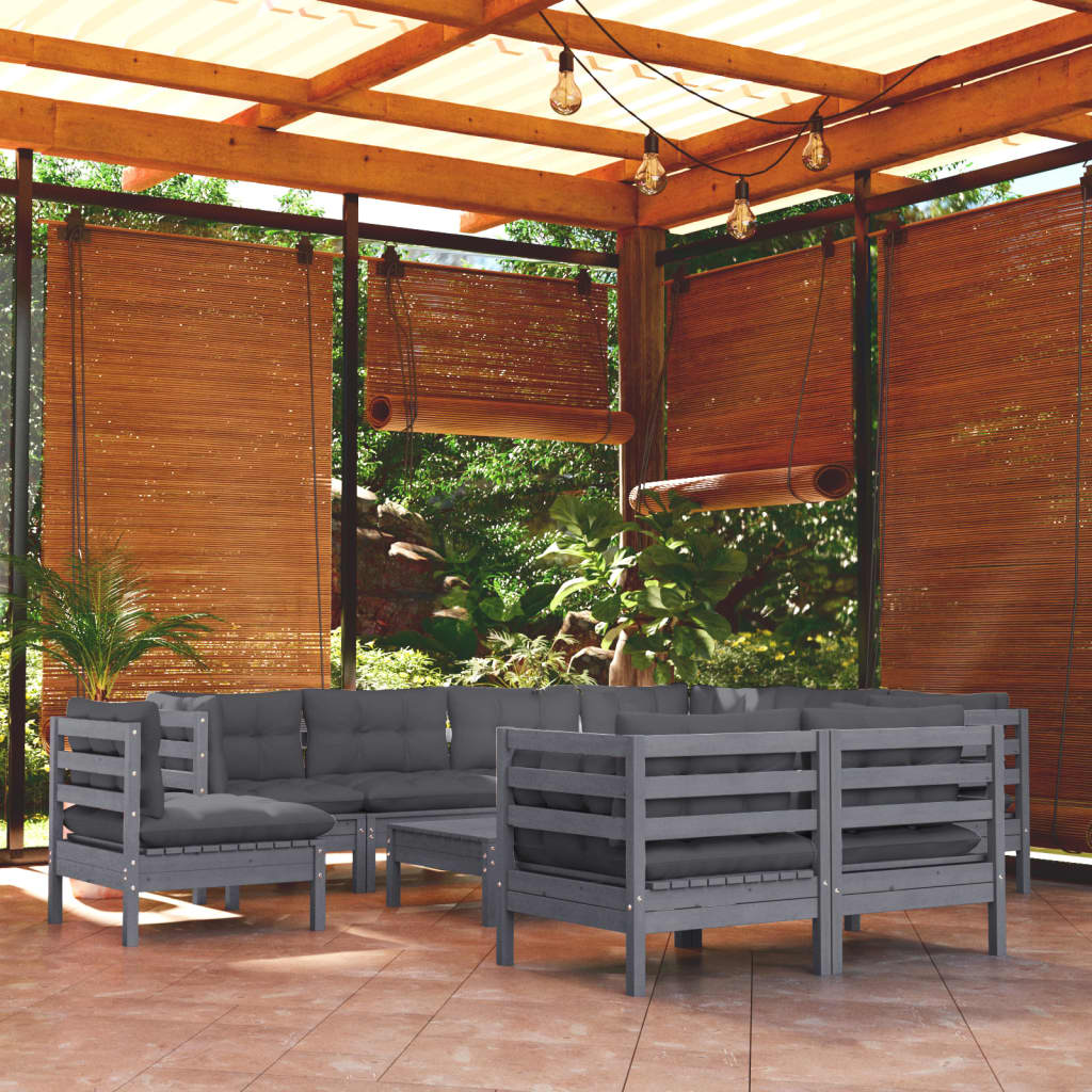 10 Piece Garden Lounge Set with Cushions Grey Solid Pinewood